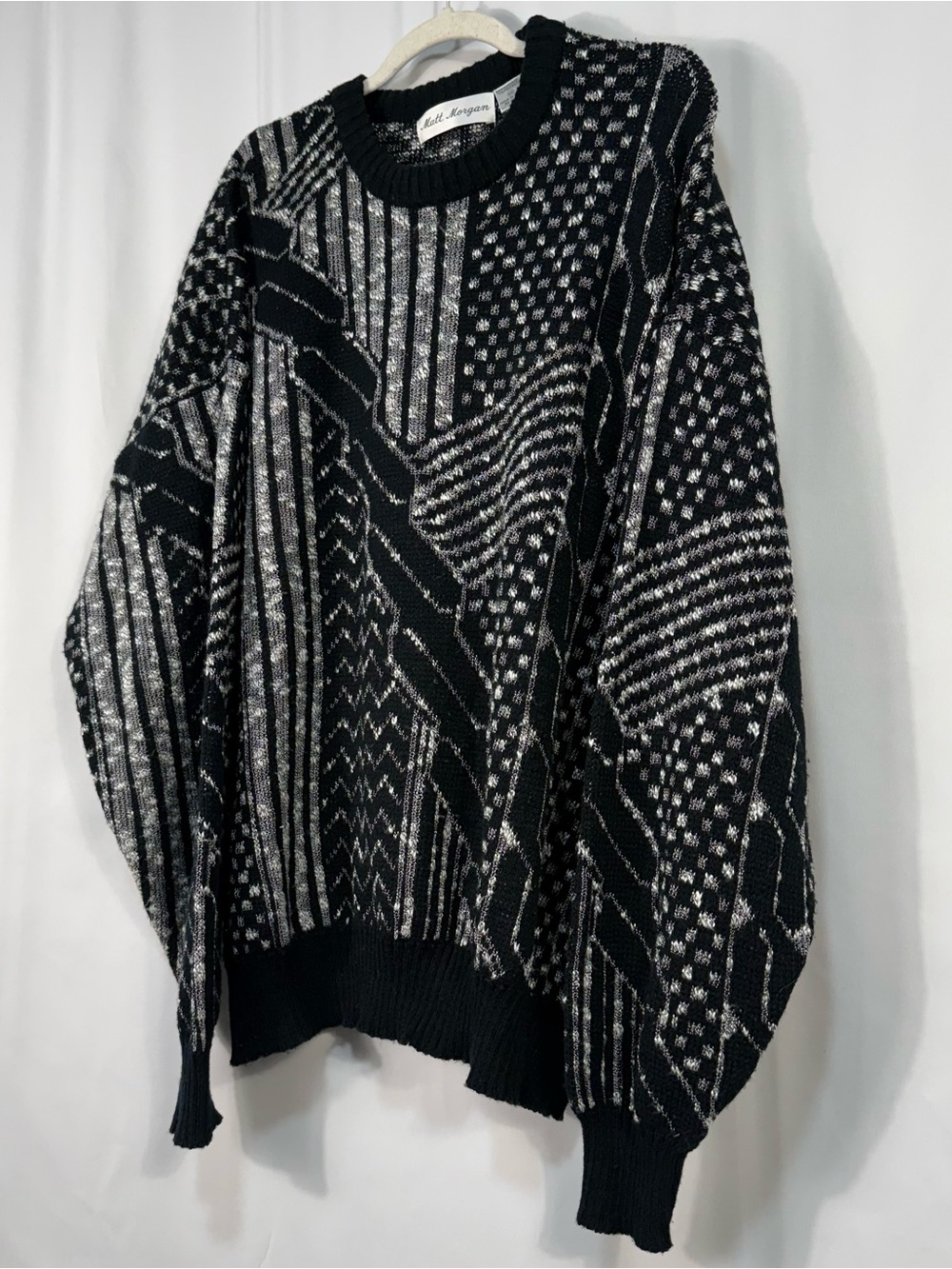 Vintage Matt Morgan Black White Abstract Geometric Knit Sweater 1X Made in Korea